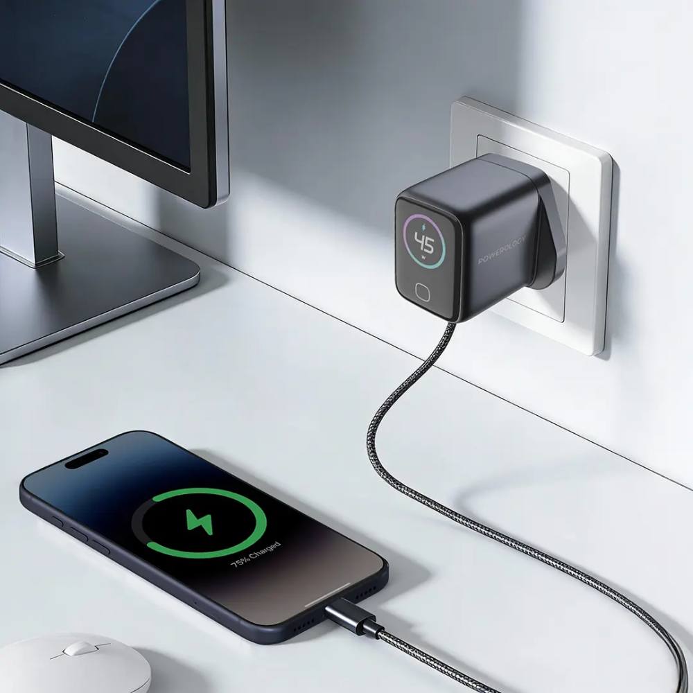 Powerology 45W GaN charger on desk showing smart display charging phone