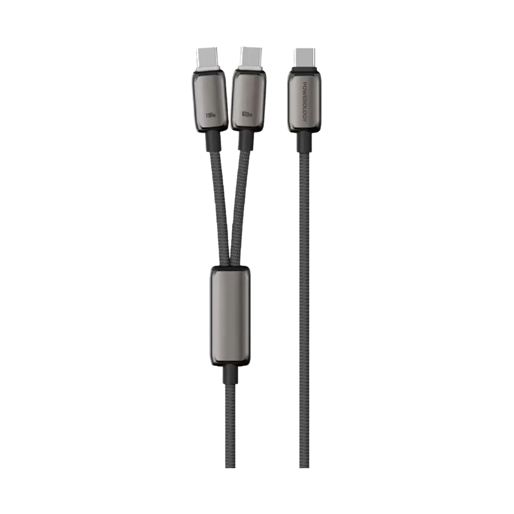 Powerology black 100W dual USB-C braided nylon cable with zinc alloy connectors