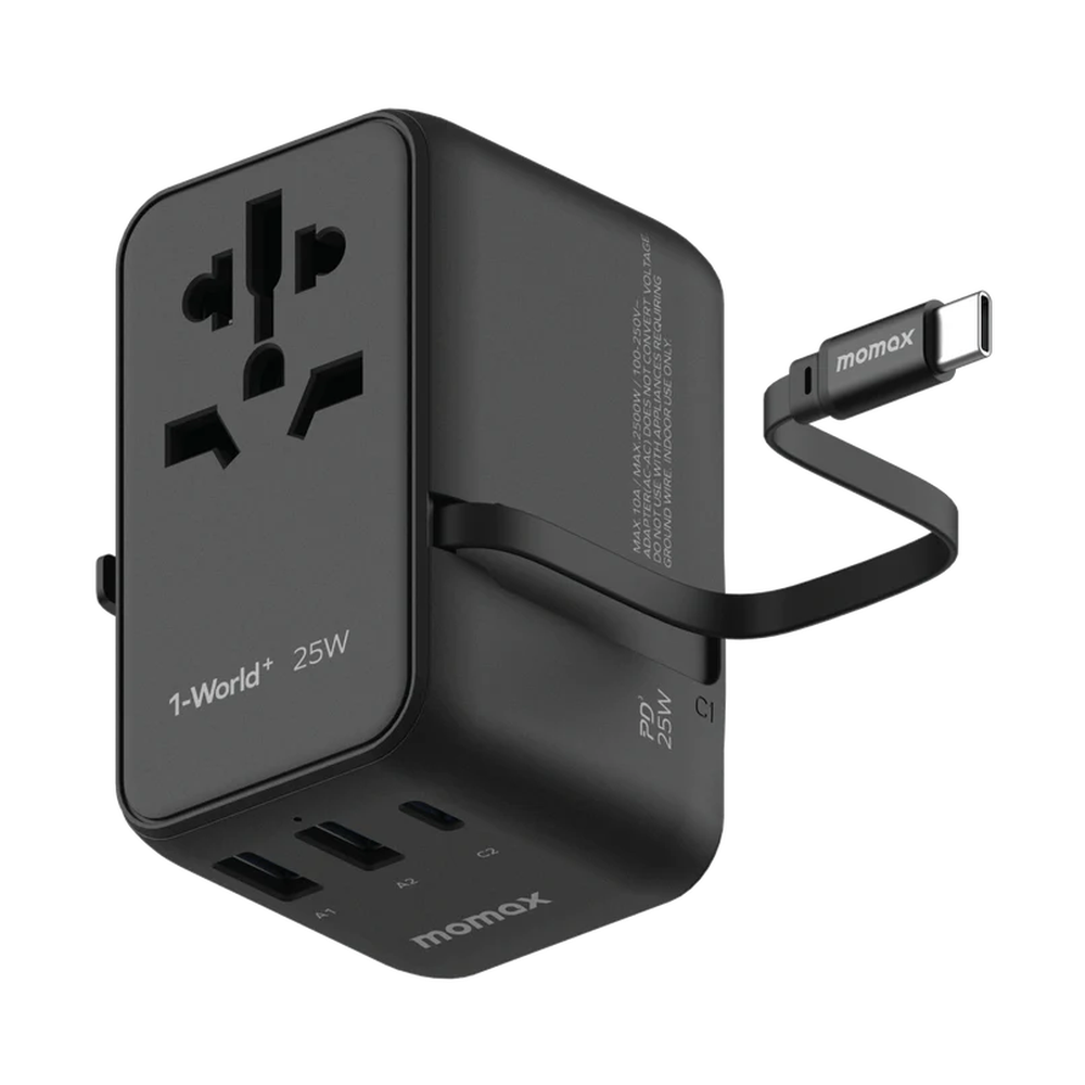 Momax 1-World+ 25W black cube adapter with interchangeable plugs and USB-C cable
