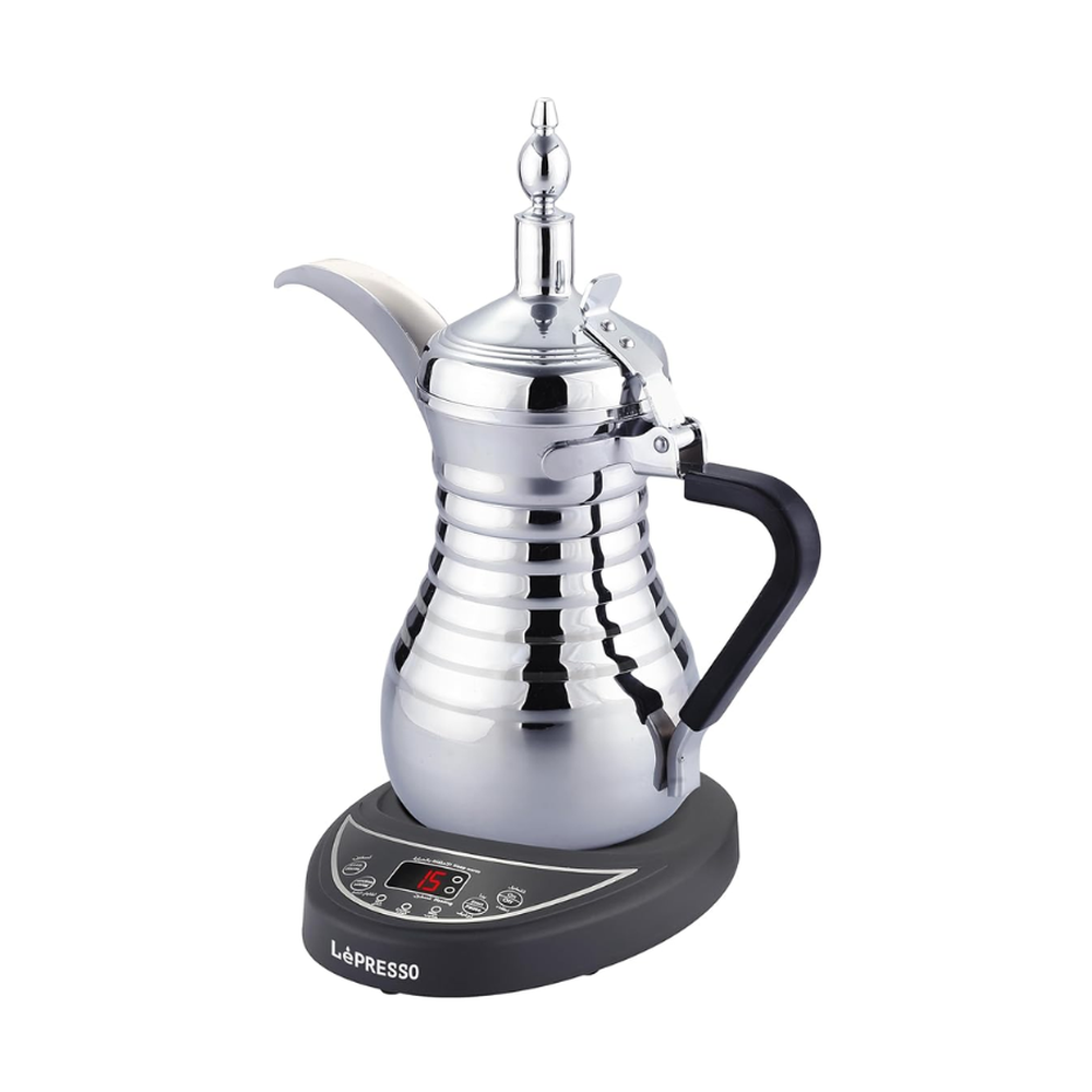 LePresso silver electric Arabic dallah with red LED display and base