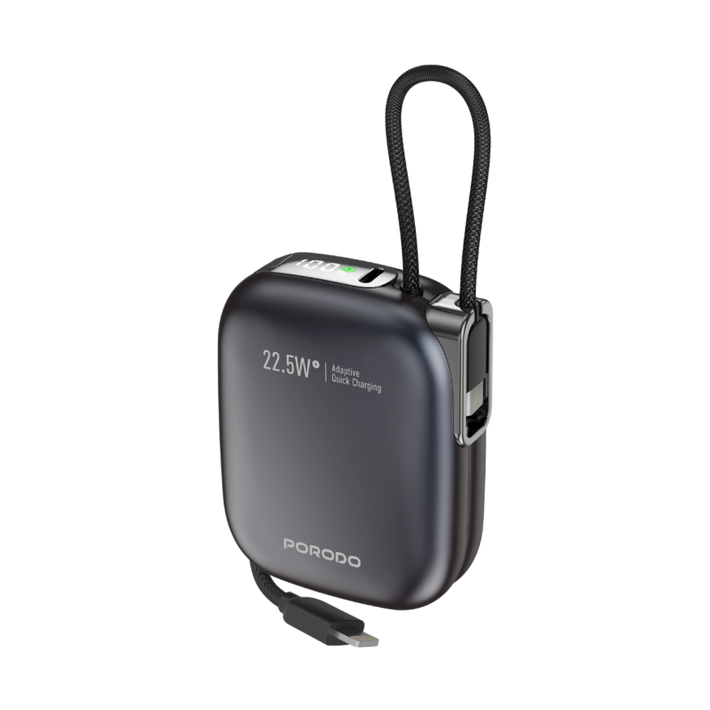Black 22.5W adaptive quick charging power bank with built-in Lightning cable and loop handle