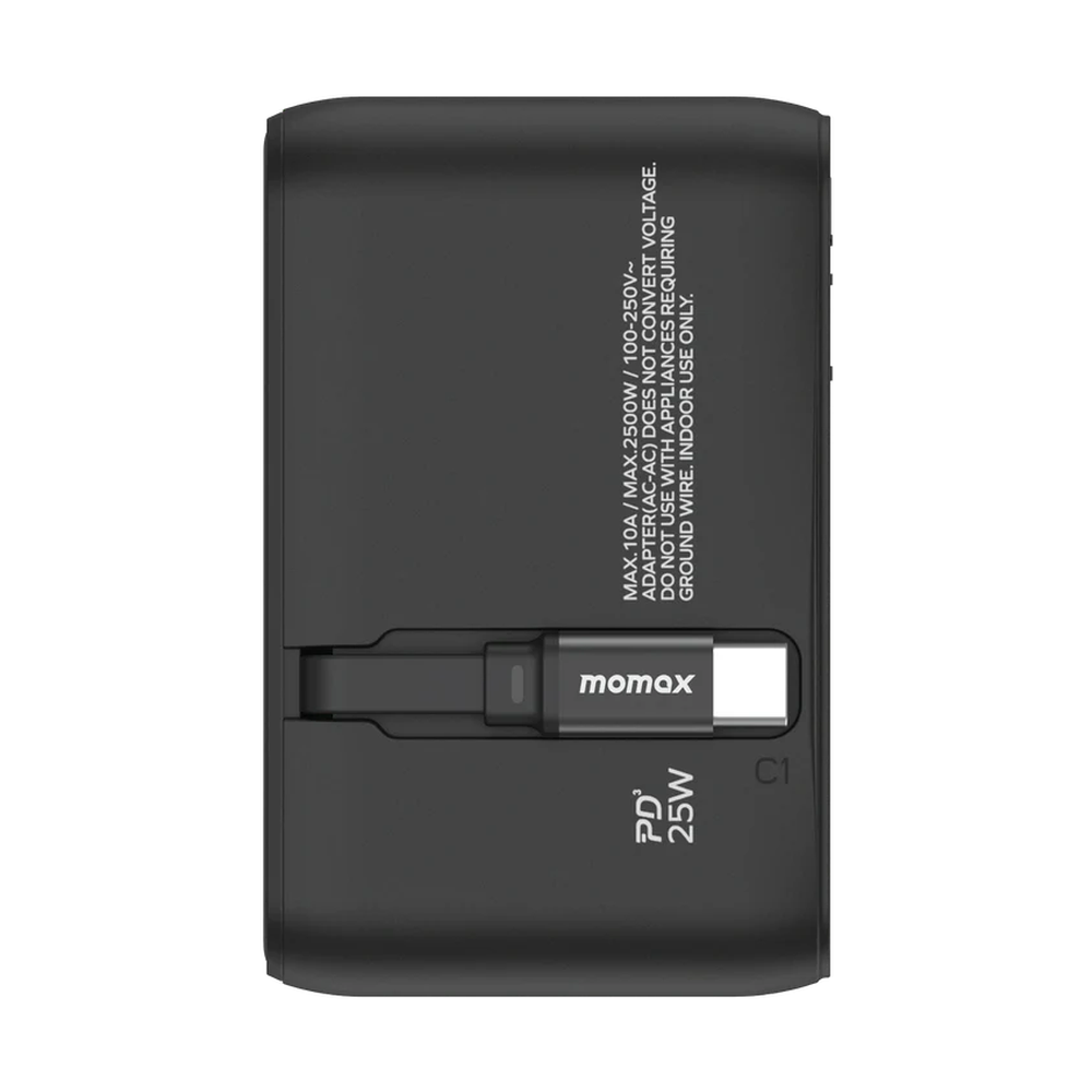 Momax 25W black travel adapter with built-in USB-C cable and PD fast charging