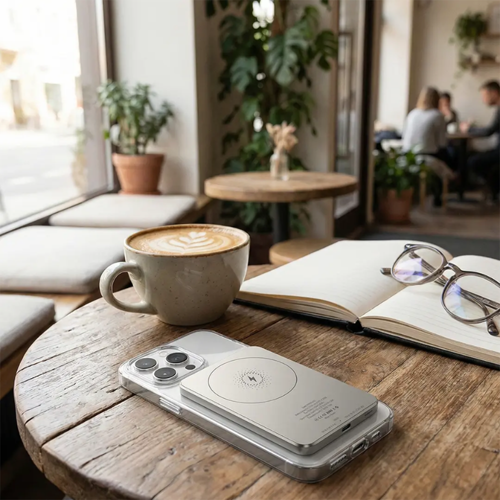 Silver Powerology MagSafe power bank on smartphone in café setting demonstrating portable use case