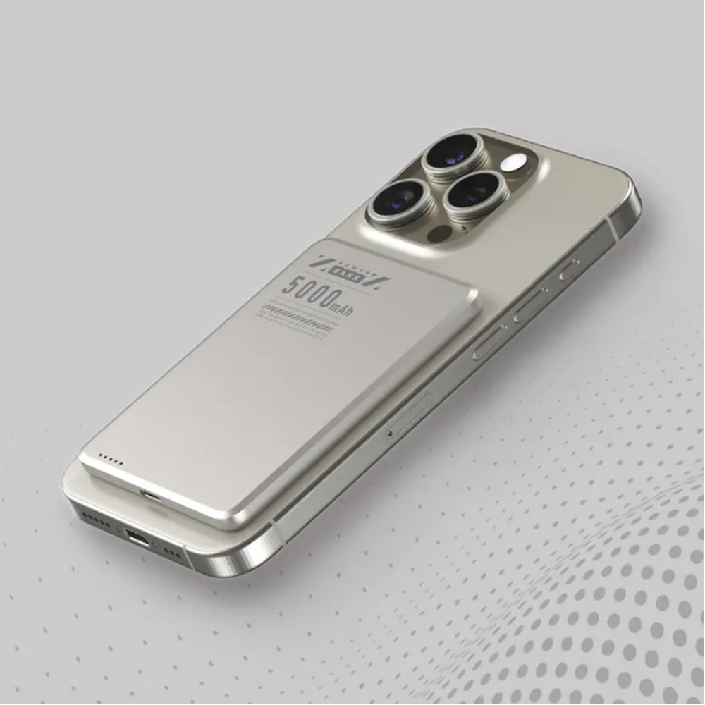 Silver Powerology 5000mAh MagSafe power bank magnetically attached to smartphone for wireless charging