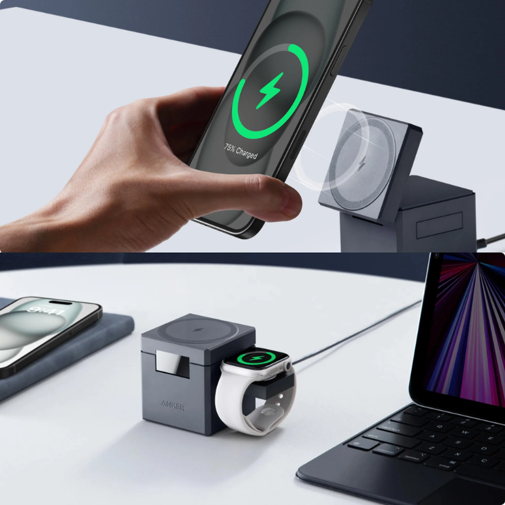 Anker cube charging station powering iPhone Apple Watch laptop and second phone