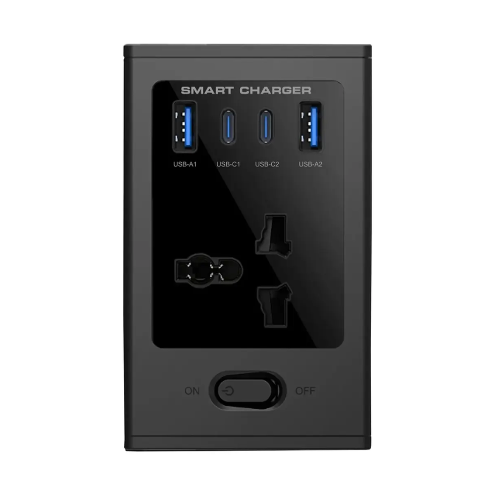 Front view of black smart wall charger featuring 2 USB-C and 2 USB-A ports with blue accents