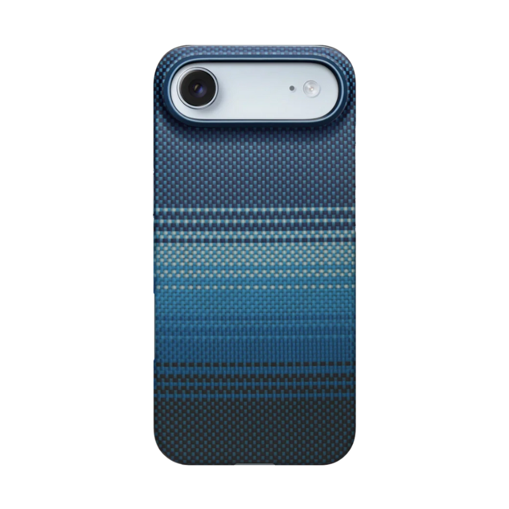 Navy to teal gradient Pitaka iPhone case with dotted stripe pattern