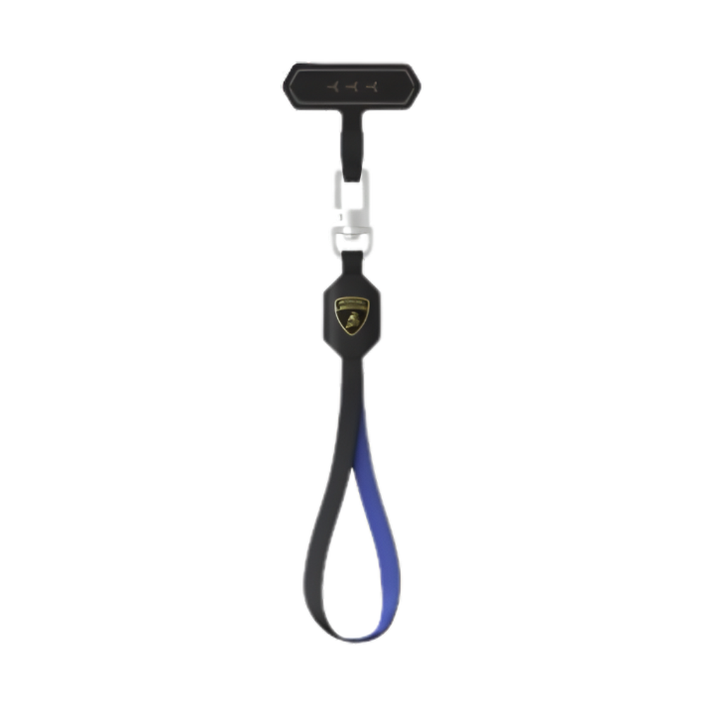 Black Lamborghini leather phone finger holder with blue inner lining
