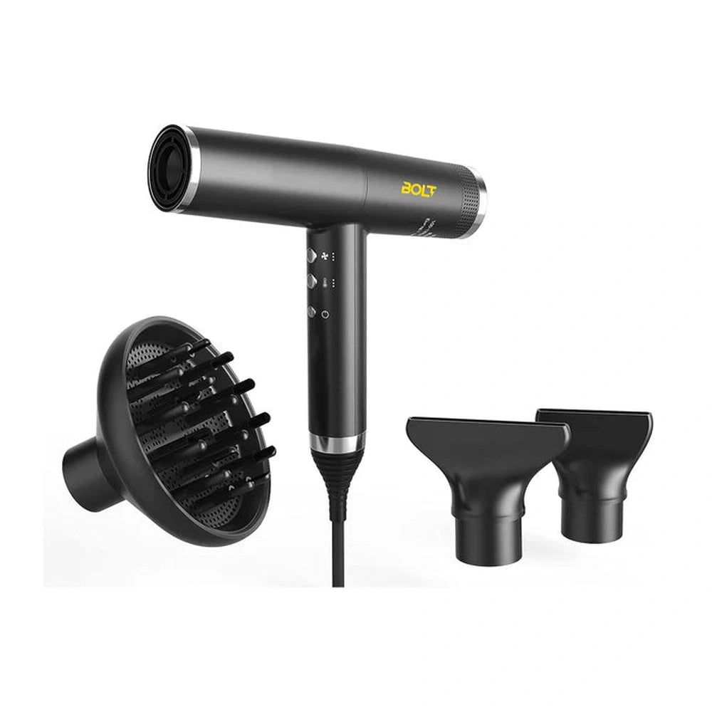 Bolt hair dryer set with diffuser and concentrator nozzles