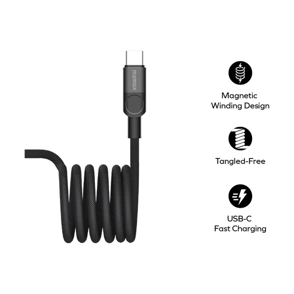 Tangle-free Momax magnetic winding design USB-C cable with fast charging