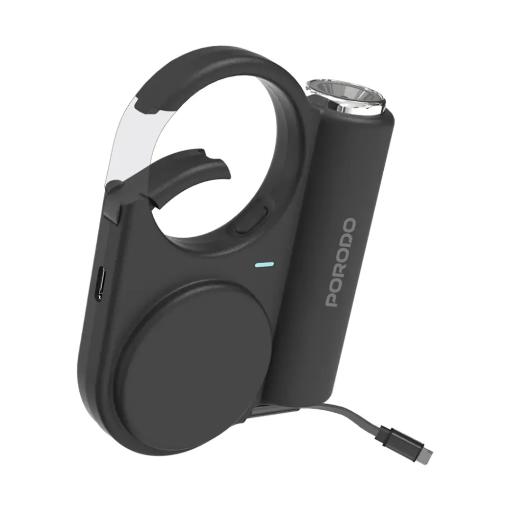 Black Porodo 15W outdoor power bank with retractable Type-C cable and carabiner hook