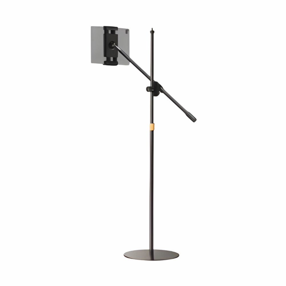 Black adjustable floor stand for tablets with rotating arm and circular base