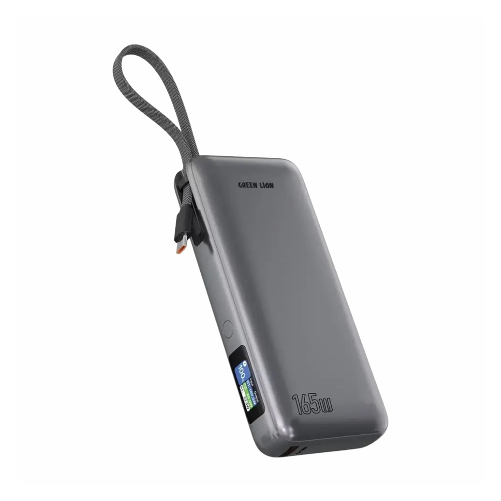 Green Lion 165W power bank with 20000mAh capacity, digital display and woven handle