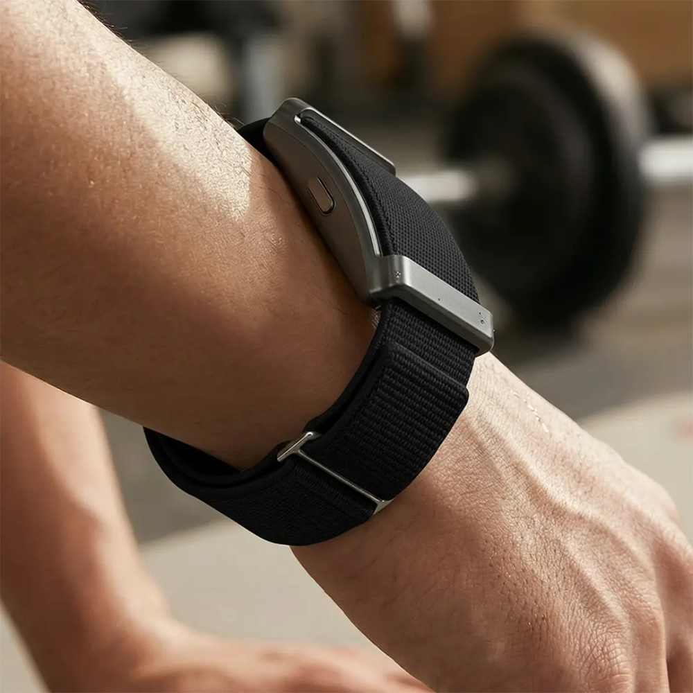 Black Green Lion smart fitness band on wrist during gym workout with nylon strap