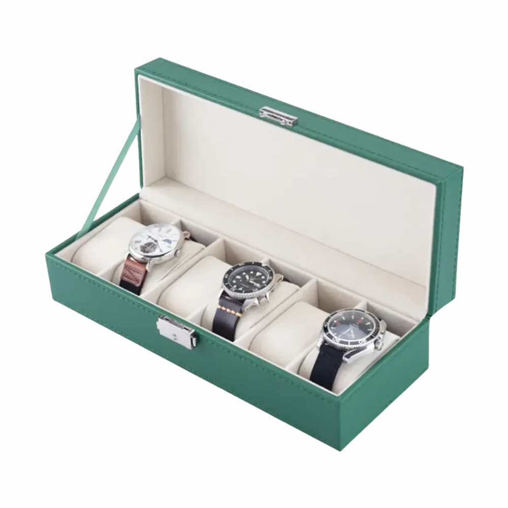 Green Lion 6-slot watch box with glass top, PU leather finish, and soft sponge lining holding three timepieces