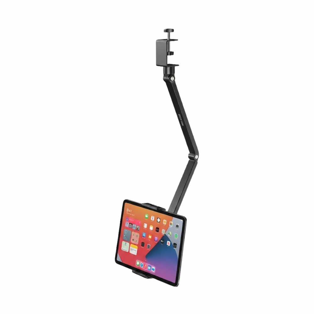 Black Green Lion dual-arm desk mount stand with C-clamp holding tablet