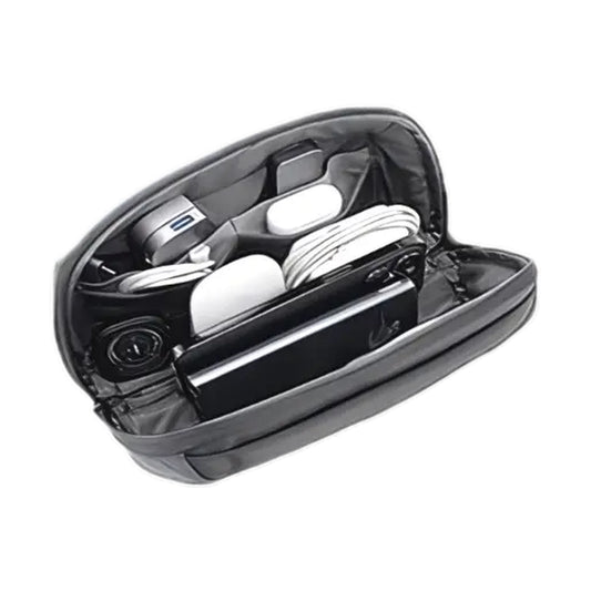 Black water-repellent tech pouch organizer with coiled cables and mouse inside
