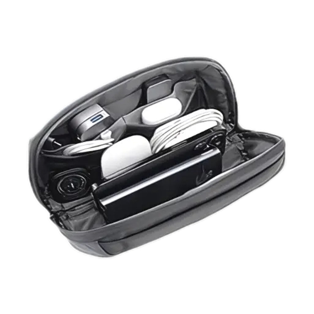 Black water-repellent tech pouch organizer with coiled cables and mouse inside