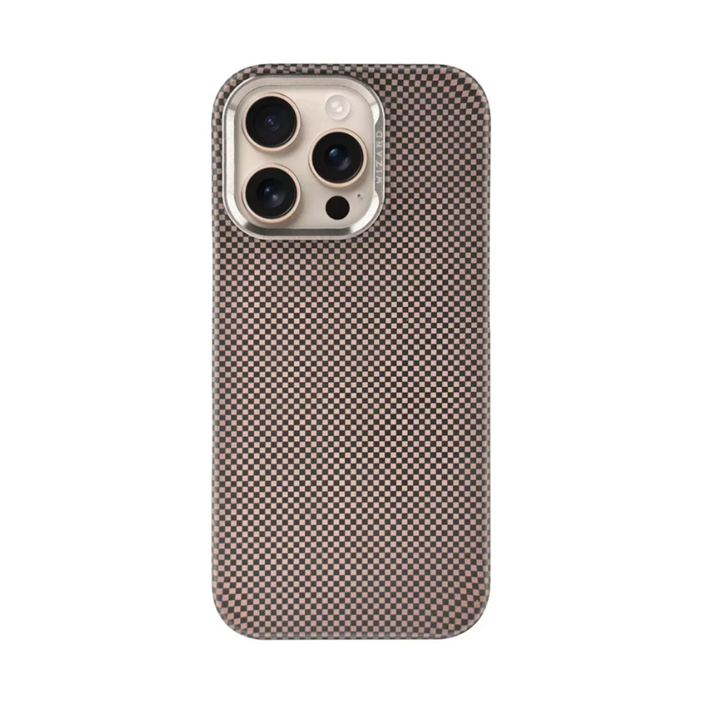 Brown and black checkerboard iPhone 15 Pro case with raised camera ring