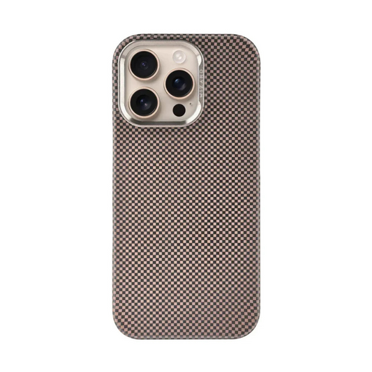 Brown and black checkerboard iPhone 15 Pro case with raised camera ring