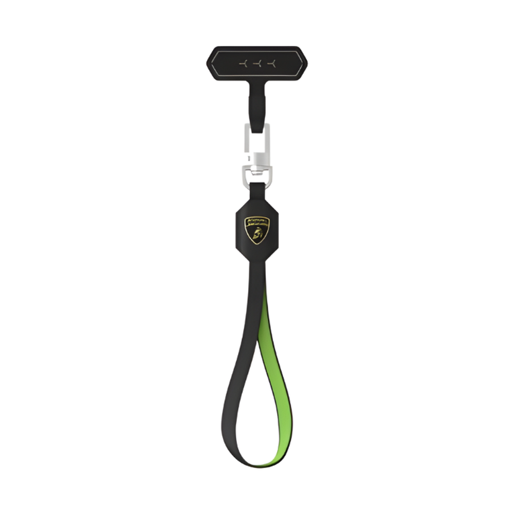 Black Lamborghini leather phone finger holder with green inner lining
