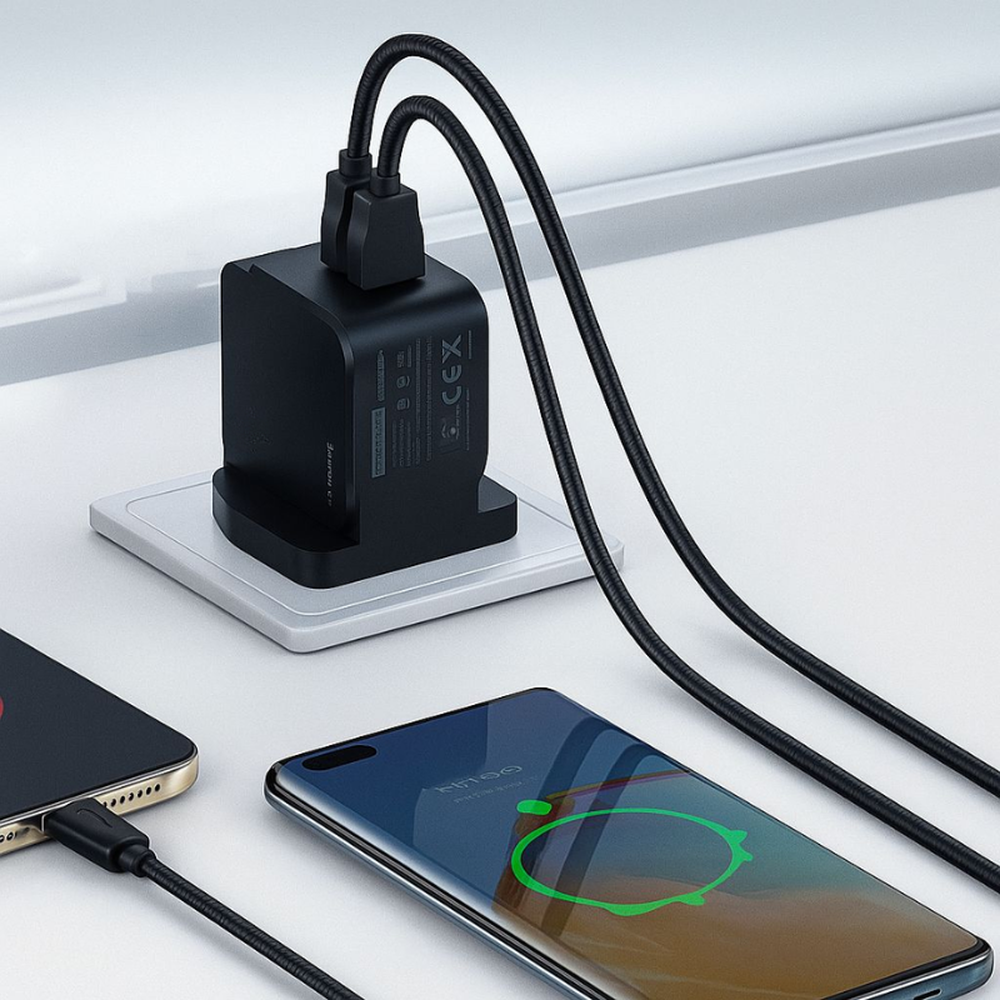 Black 20W dual port fast wall charger charging two devices with braided cables