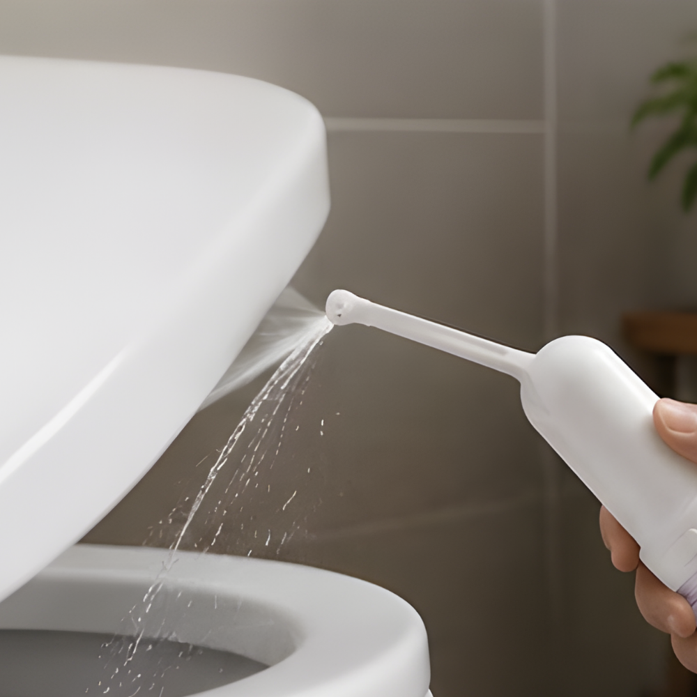Hand using white bidet to spray toilet seat in bathroom