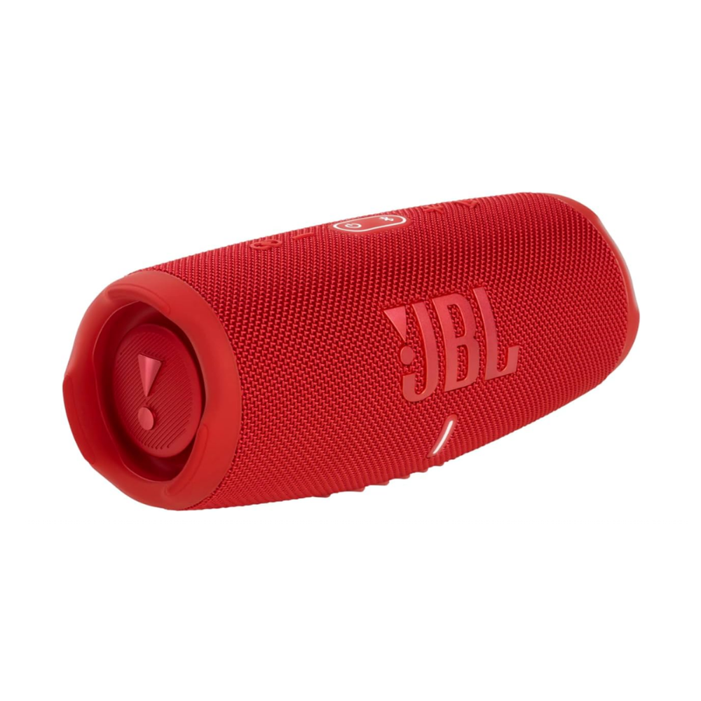 Side angle of red JBL cylindrical speaker showing textured fabric cover and power icon