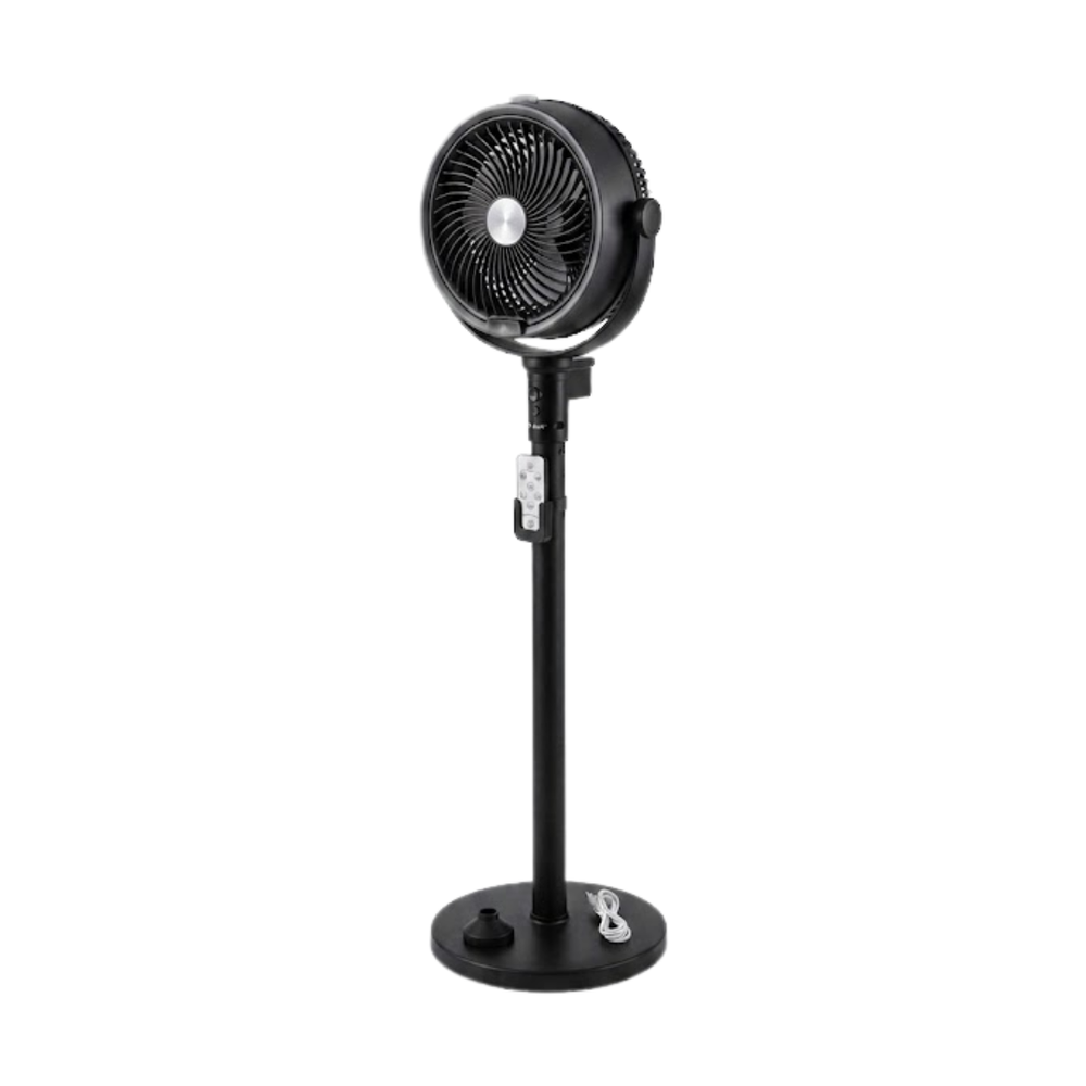 Black humidification floor fan with mist function, remote control, and 90-degree oscillation