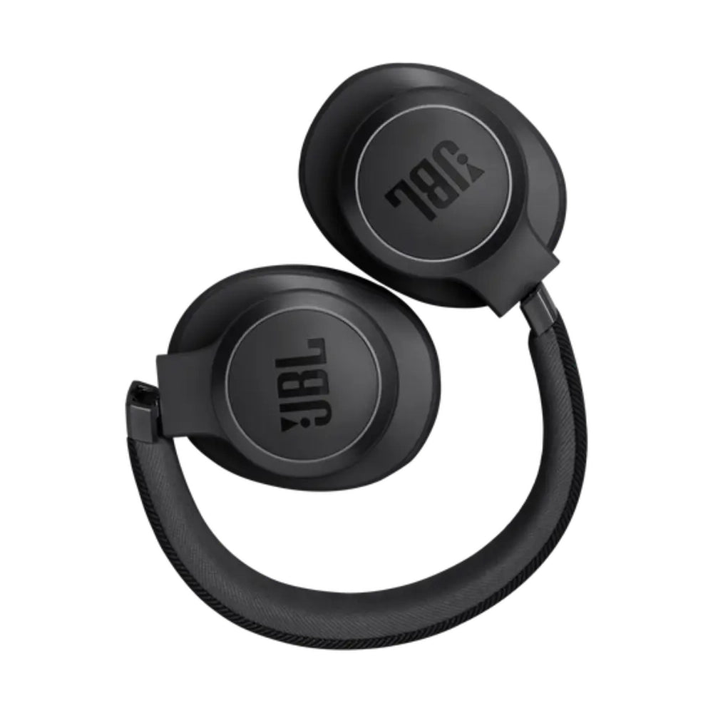Black JBL wireless over-ear headphones folded with noise cancelling and logo detail