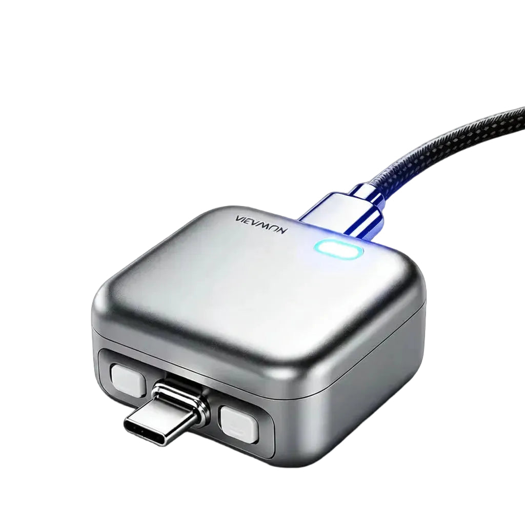 VIEVMON silver USB-C smart charging adapter with braided cable and glowing LED light