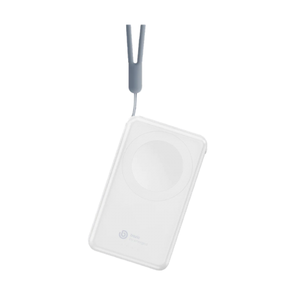 Bazic Mini 2-in-1 Power Bank suspended by gray Y-lanyard showing wireless coil logo