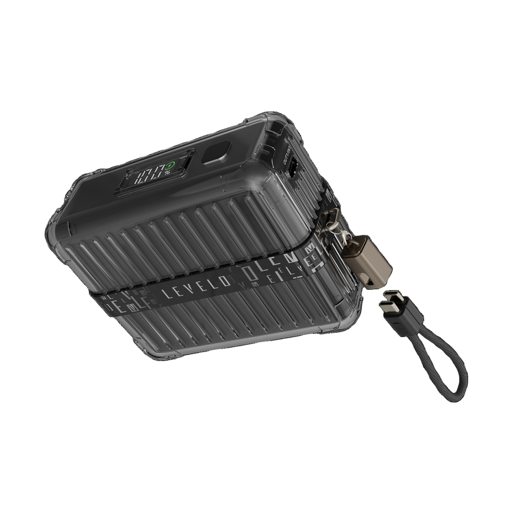 Levelo 30W Aerion power bank with LED battery display and black braided lanyard