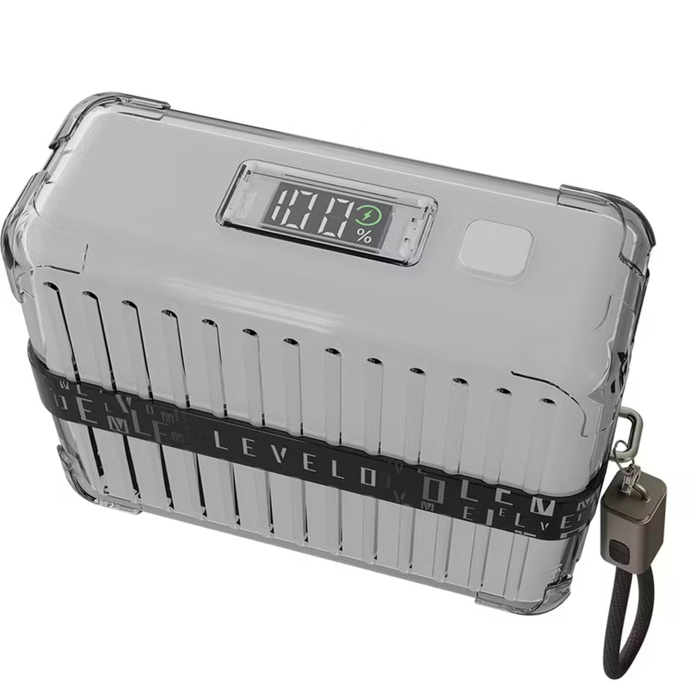 Levelo power bank digital display showing 100% charge with green LED indicator