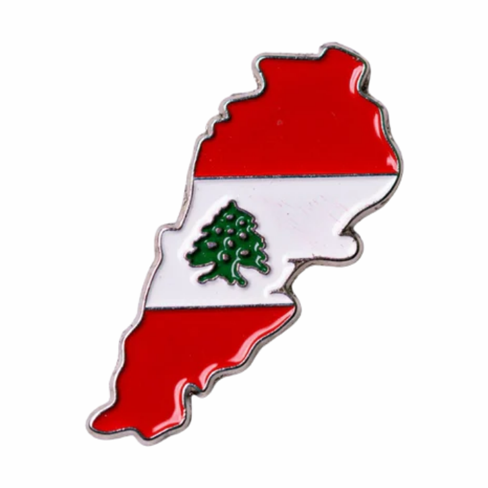 Lebanon Map Badge with red white green enamel and silver metal border