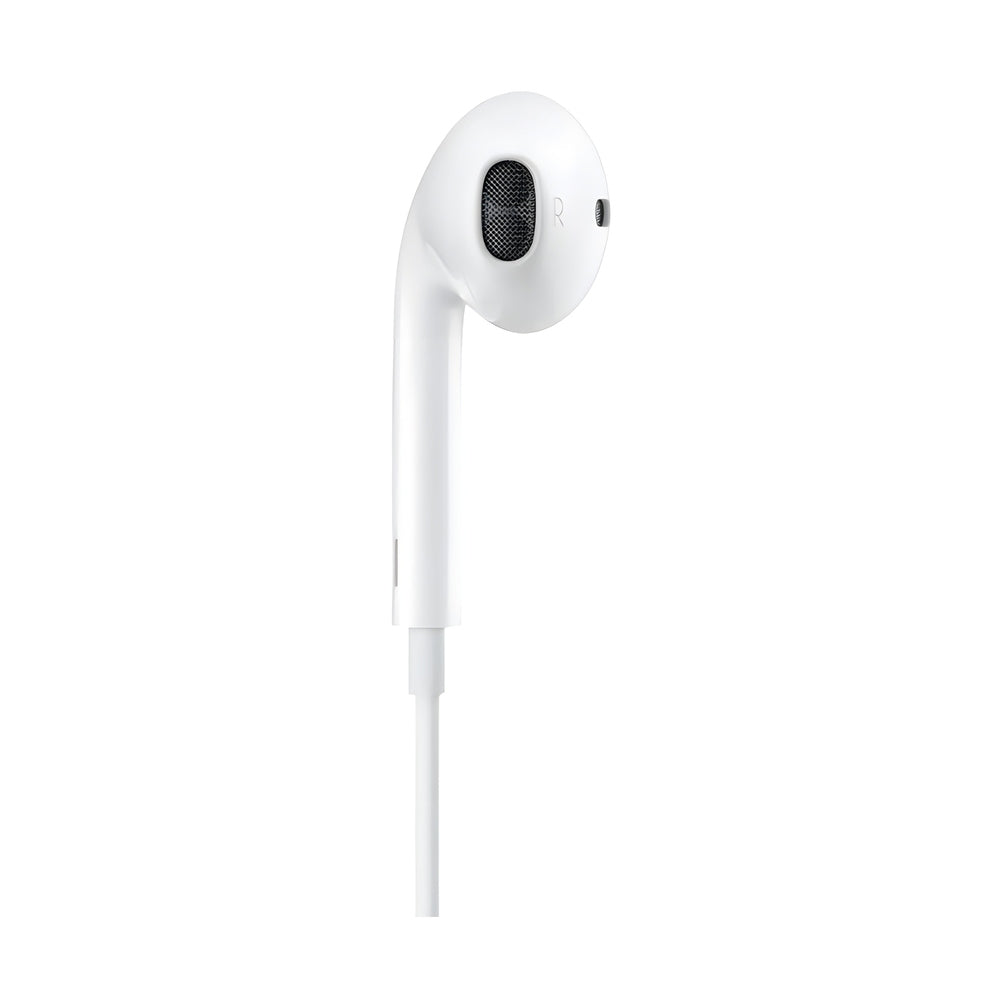 Right side white Apple EarPods earbud with ergonomic design