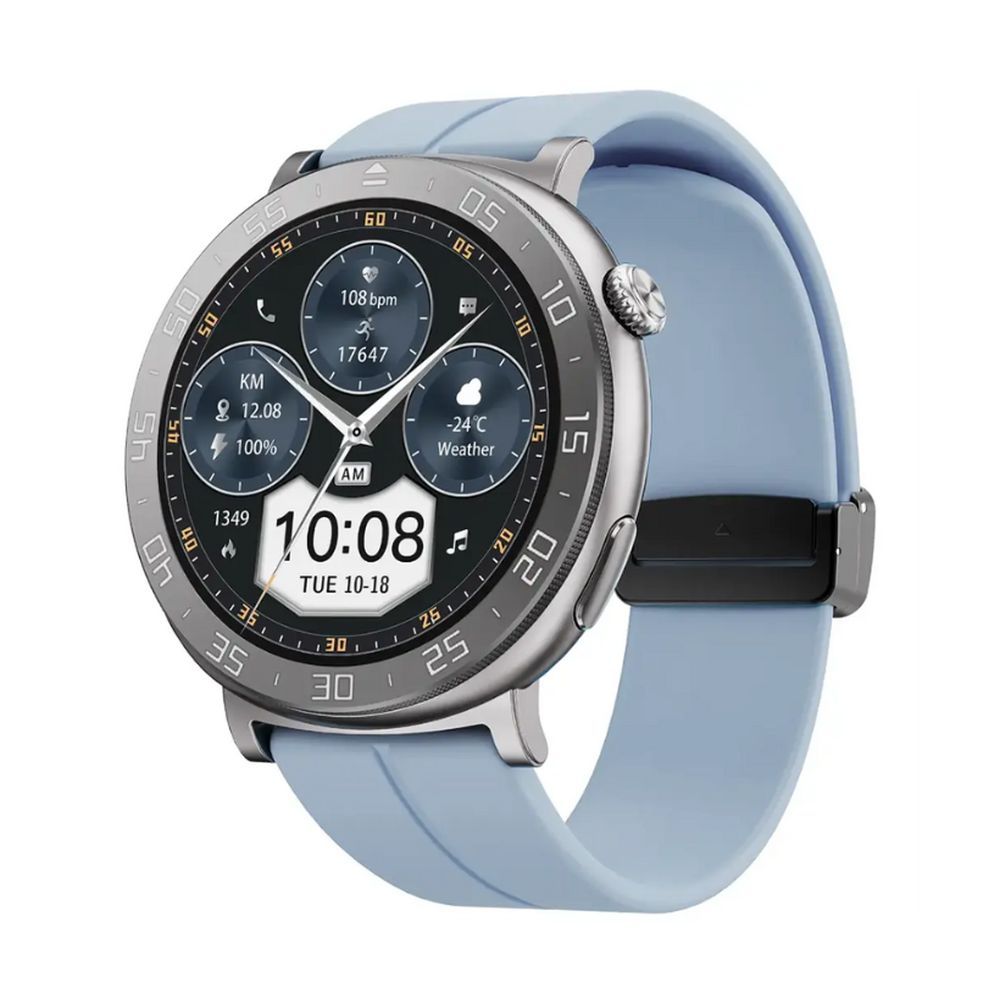 Porodo Salud smartwatch with silver case and light blue silicone strap showing health widgets