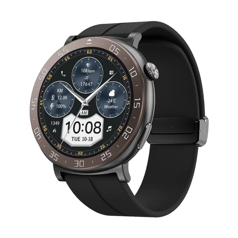 Bronze-toned Porodo Salud smartwatch with black strap showing heart rate and battery stats