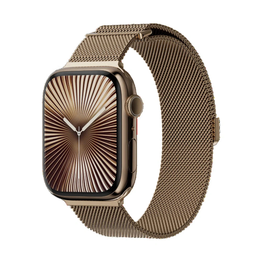 Gold woven stainless steel Apple Watch band showing flexibility and texture