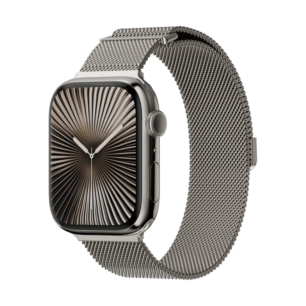 Silver Apple Watch with sunburst face wearing flexible mesh band