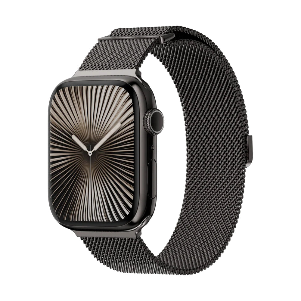 Black stainless steel mesh watch band draped to show flexible weave