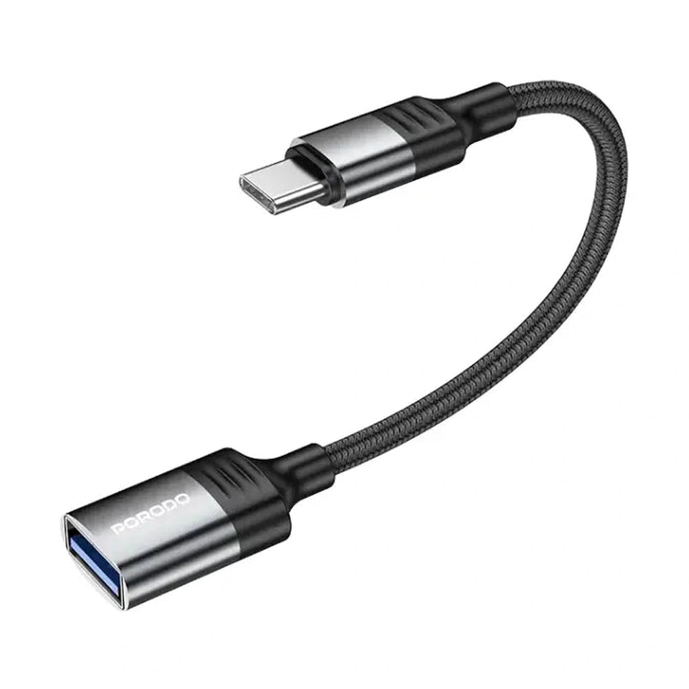 Black Porodo USB-C OTG cable with braided sheath and blue USB 3.0 port
