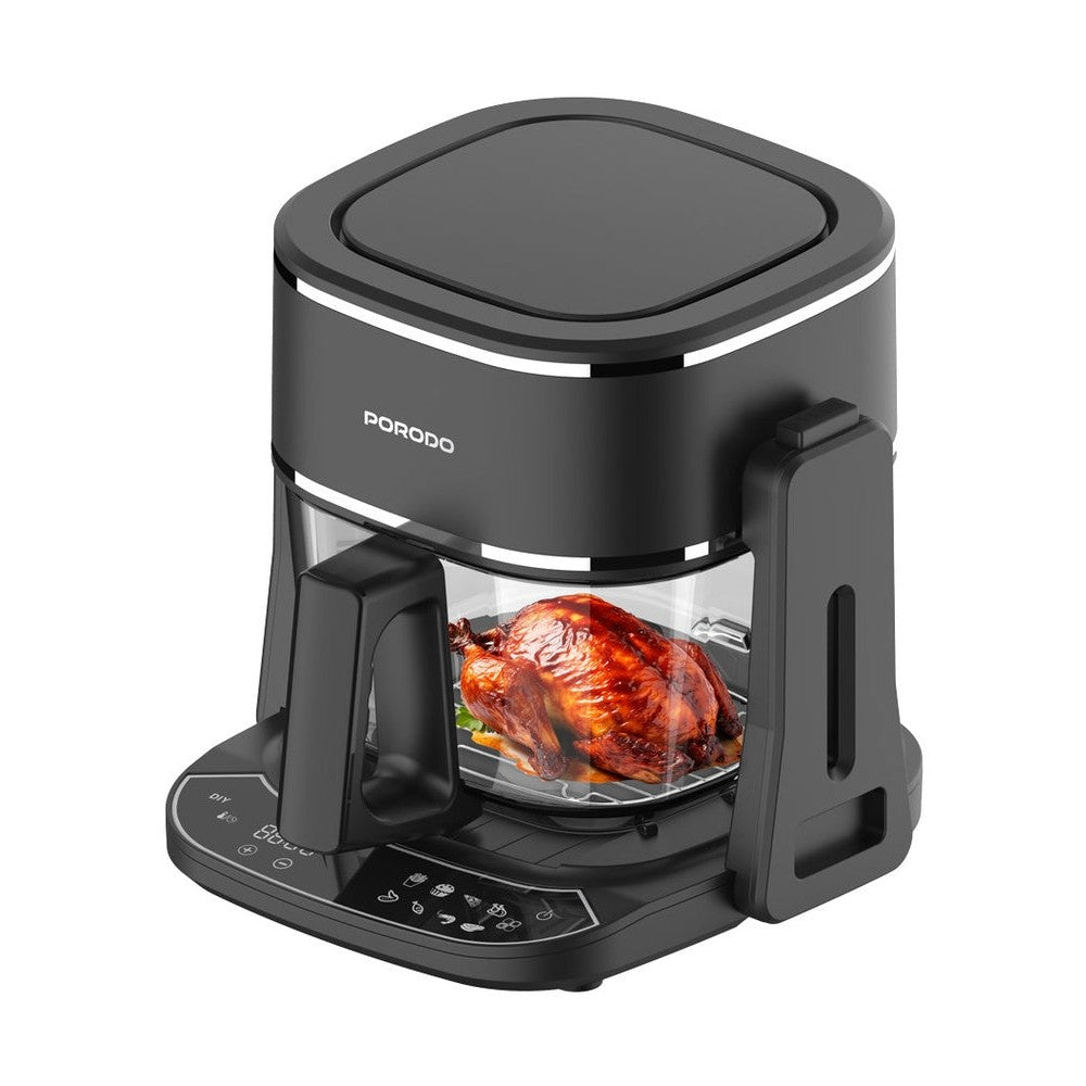 Porodo Air Fryer Grill Combo with glass bowl roasting chicken