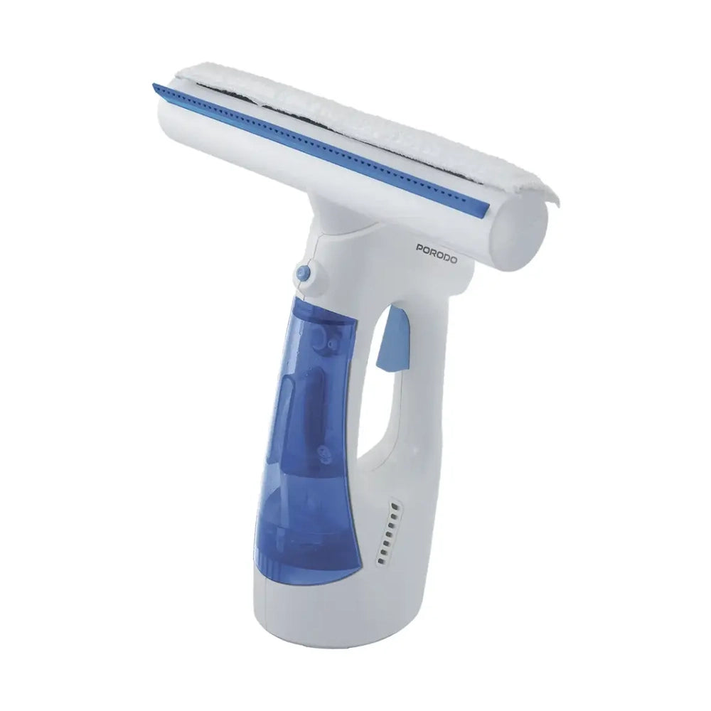 White and blue Porodo handheld window vacuum with transparent water tank and ergonomic grip