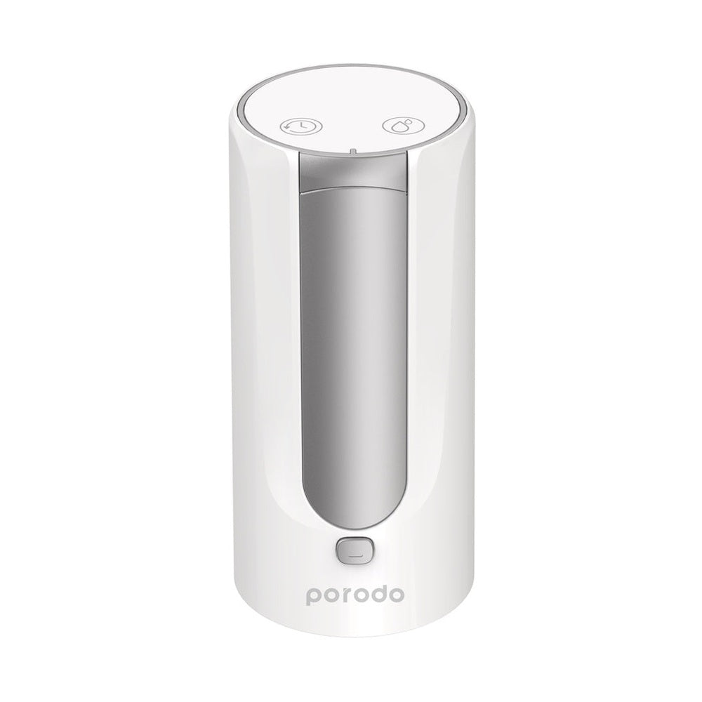 Front view of white Porodo smart water pump with digital touch icons and logo