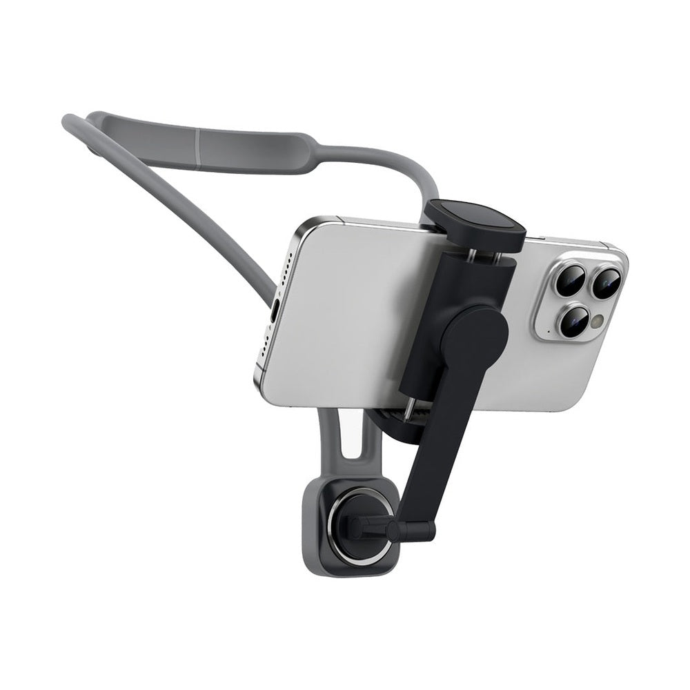 Gray Porodo smartphone neck mount holding silver phone with triple camera