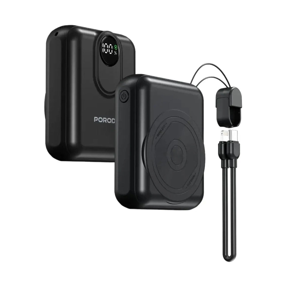 Black Porodo 15W MagSafe power bank with digital display and magnetic cable