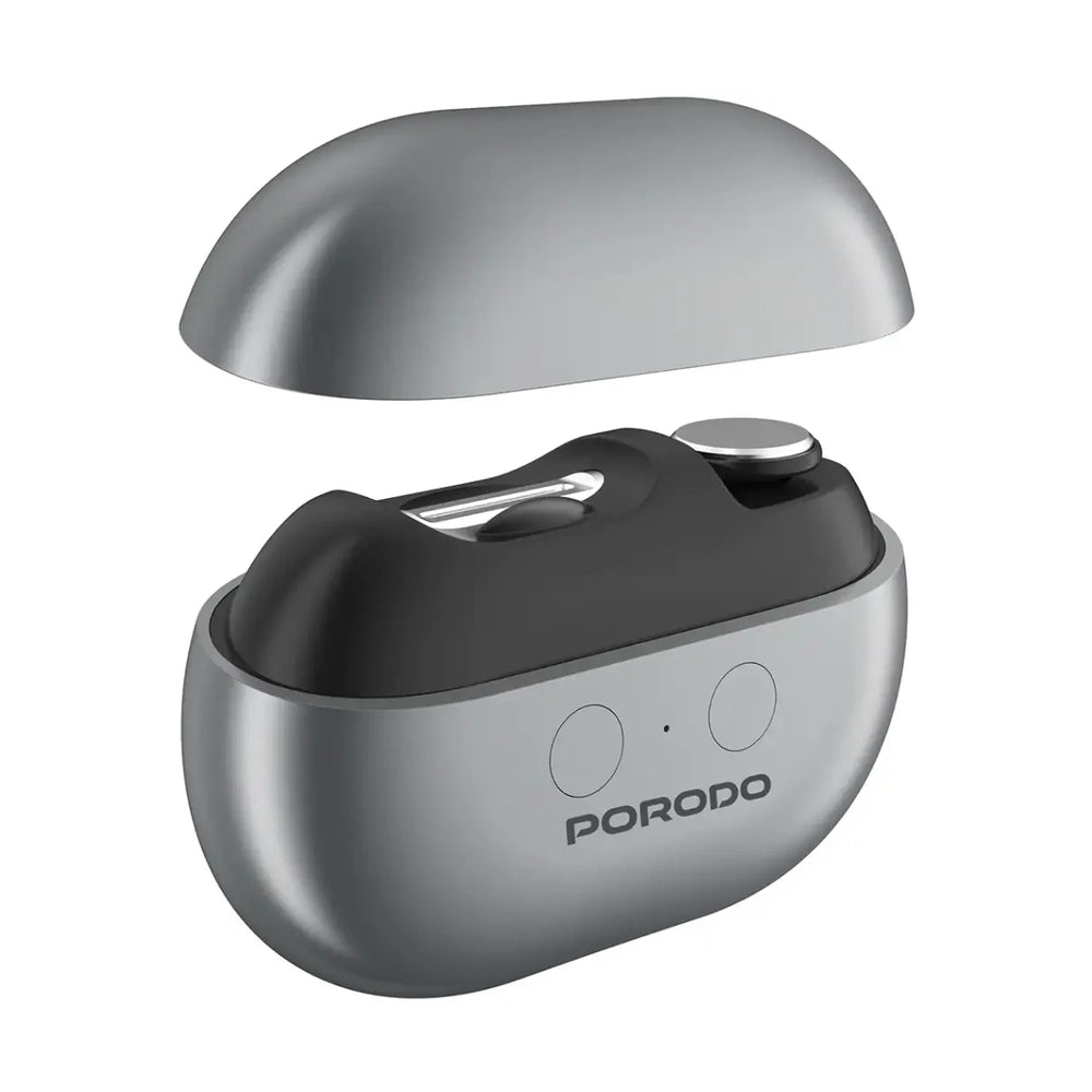 Gray metallic charging case for Porodo electric nail trimmer with sleek rounded design
