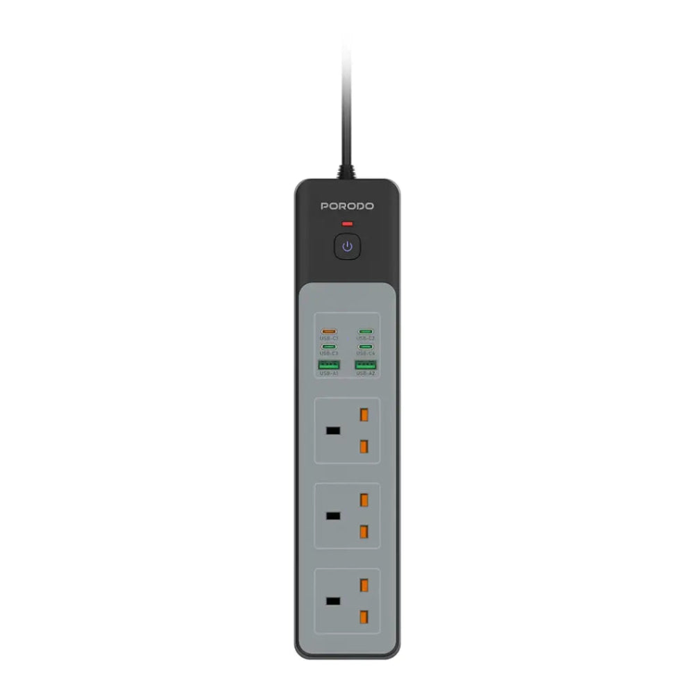 Arabic: شريط الطاقة بورودو بقدرة 3000 واط — 3 منافذ تيار متردد ومنافذ USB مدمجة | English: Porodo 3000W Power Strip — 3 AC outlets with built-in USB ports