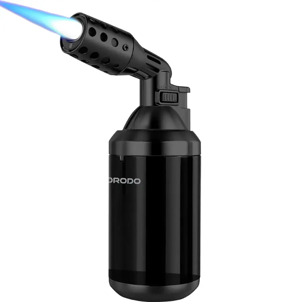 DRODO handheld torch emitting sharp focused blue flame with visible lock mechanism